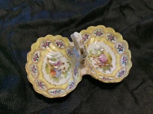 Victorian Meissen Double Salt Dip Cellar W Handle Courting Scenes and Violets - Picture 1 of 10