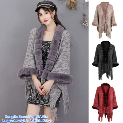 Women Knitted Poncho Cape Faux Fur Cloak Tassel Cardigan Warm Wrap Coat Shawl - Image 1 of 3