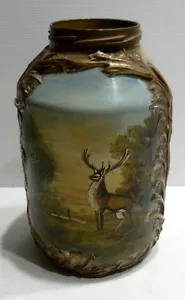 Raro E Antico Barattolo Dipinto a Mano Pittura Paesaggio Foresta Cervo Quadro - Foto 1 di 7