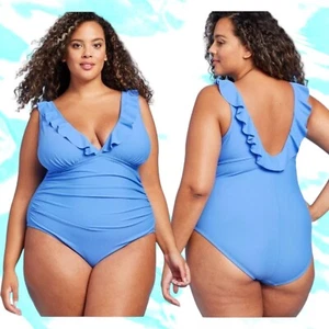 KONA SOL Ruched One Piece Bikini V-Neck Ruffle Swims Full Coverage Blue 22 - Picture 1 of 13