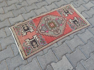Vintage Turkish Rug Mat 3.4x1.6 ft | Coral Oushak Medallion, Small Carpet - Image 1 of 4