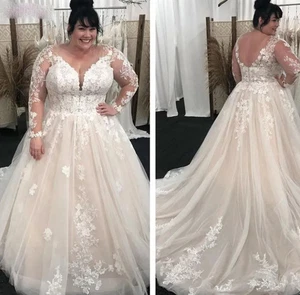 Vintage Lace A Line Wedding Dresses Long Sleeves Plus Size Bridal Gowns V Neck - Picture 1 of 7