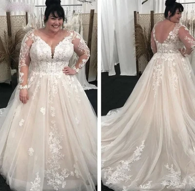 Vintage Lace A Line Wedding Dresses Long Sleeves Plus Size Bridal Gowns V Neck - Image 1 of 4