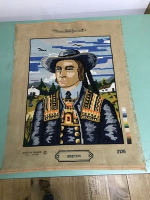 Vintage Margot de Paris 3136 Tapisserie Homme Breton Canevas France 46x36cm - Photo 1/4
