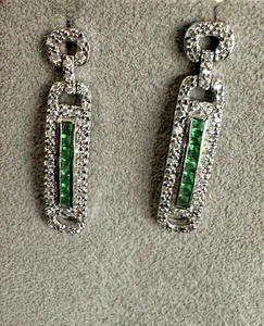 Sterling Silver Rhodium Plated Emerald White CZ Drop Dangle Earrings - Picture 1 of 7
