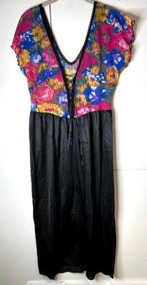 VTG Vandemere Size Large Multi-Color Lace Black Satin Nightgown Lace Up Bodice - Image 1 of 4