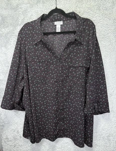 Catherines 3x Button Up Top Purple Black Geometric 3/4 Sleeve Split Neck Career - Picture 1 of 7