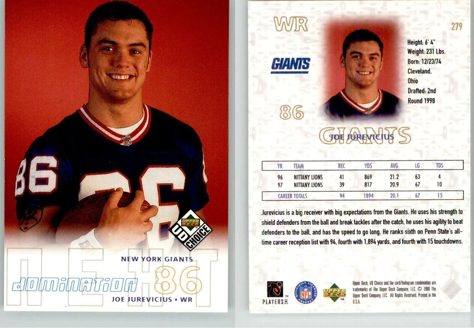Joe Jurevicius 1998 UD Choice #279 Penn St Giants RC Rookie - Image 1 of 1