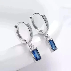 Baguette Simulated Blue Sapphire Drop/Dangle Earrings In 14k White Gold Plated - Picture 1 of 8