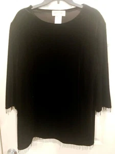 Vtg Ronnie II Nicole By Ouida Velour Top Bead Fringe Hem & Cuff Black BOHO Sz 1X - Picture 1 of 4