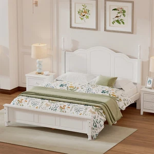 Queen Size Bed Frame Wooden Platform Bed Frame w/ Wood Headboard White - Picture 1 of 9