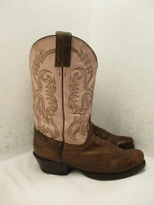 NOCONA Brown Pink Leather Square Toe Pull On Cowboy Boot Women Sz 9 B Sty NL5007 - Picture 1 of 19