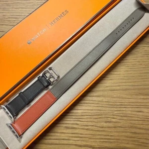HERMES Apple Watch 41/40/38mm Black/Brick/Etain Leather Band Double Tour w/Box - Zdjęcie 1 z 11