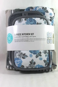 Martha Stewart 5 Piece Kitchen Set 2 Oven Mitts 2 Pot Holders 1 Apron Blue - Picture 1 of 6