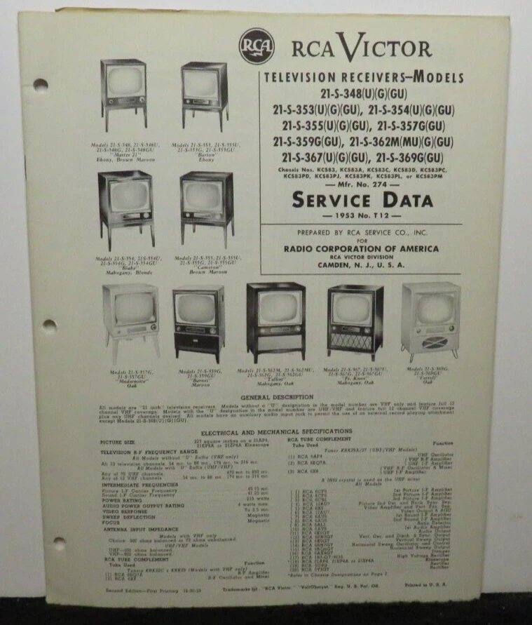 RCA VICTOR TELEVISION SERVICE DATA 1953 T12 21-S-348 -353 -354 U KCS83 33 PAGES - Image 1 of 1