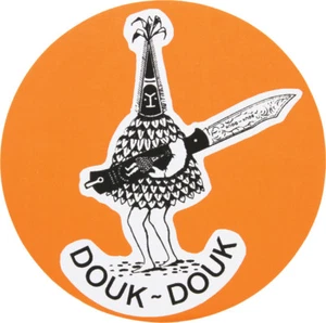 Douk-Douk Sticker 4" diameter. Orange circle with black and white Douk-Douk logo - Picture 1 of 1