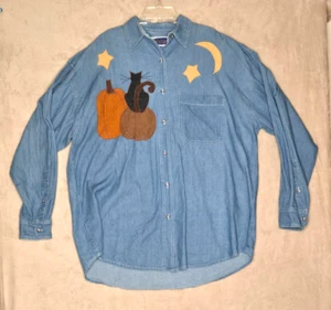 Blue Diamond Virginia Beach XL LS Denim Top Pumpkin Black Cat Moon and Stars - Bild 1 von 5
