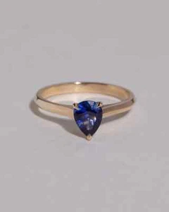Three Prong Blue Sapphire Pear Cut 1.00CT Lab-Grown Diamond 10K Yellow Gold Ring - Picture 1 of 7