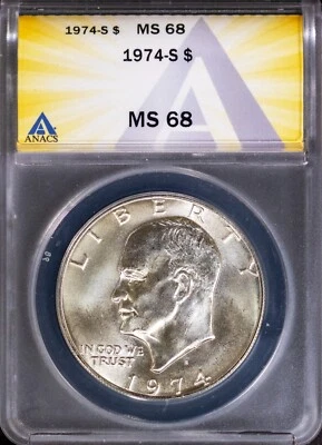 1974-S Silver $1 Eisenhower Head Dollar MS 68 ANACS # 7695869 + Bonus - Image 1 of 2