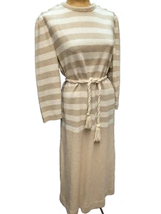 1980's Tan & White Wool Knit Dress by Castleberry for I. Magnin Size M/L - Picture 1 of 9