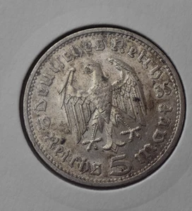 1935 German 5 Marks Coin Deutches Reich 5 Reichsmark Hindenburg 90% Silver - Picture 1 of 5