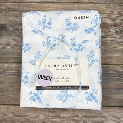 Laura Ashley Victorian Bouquet 100% Cotton Percale QUEEN Sheet Set White Blue - Image 1 of 4