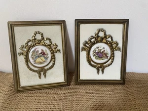Vintage Porcelain Watteau Picture Metal Framed Garland Plaque x 2 Wall Hanging - Picture 1 of 10