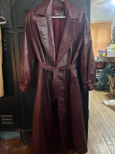 Womens Leather Trench Coat Red Burgundy 12 Long Etienne Aigner Vintage 70s 80s - Picture 1 of 24