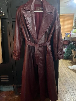 Womens Leather Trench Coat Red Burgundy 12 Long Etienne Aigner Vintage 70s 80s - Image 1 of 4
