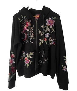 Johnny Was Collette Black Metallic Embroidered Thermal Zip Up L Hoodie NWT - Picture 1 of 13
