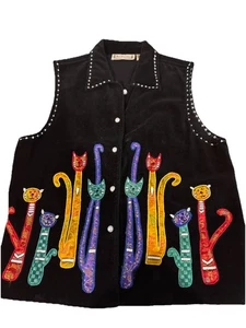 Gilet vintage velluto nero arte stravagante gatto bottone luminoso funky boho medio - Foto 1 di 5