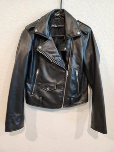 ZARA Women’s Faux Leather Moto Biker Jacket Black Silver Zip Size M - Picture 1 of 8