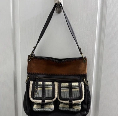 The Sak Fair Isle Chocolate Brown Leather Suede Faux Fur Trim Handbag Purse - Image 1 of 4