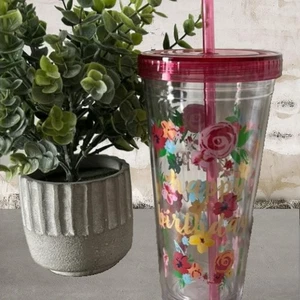 The Pioneer Woman Happy Birthday Blumenbecher mit rosa Deckel und Strohhalm NEU - Bild 1 von 4