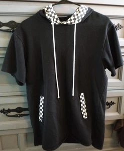 Oversized Black Short Sleeve Hoodie With Checkered Details Unisex Medium - Picture 1 of 8