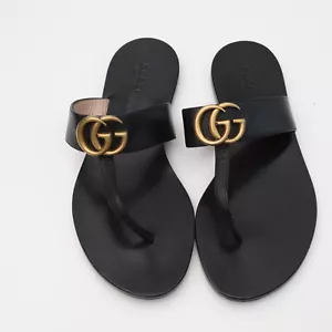 GUCCI | Marmont GG Black Leather Thong Double G Sandal Slide US 6.5 (EU 36.5) - Picture 1 of 9