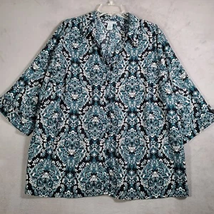 Catherines Top Damen 1X blau schwarz Blumen Damast Knopfleiste Kurzarm Bluse - Bild 1 von 7