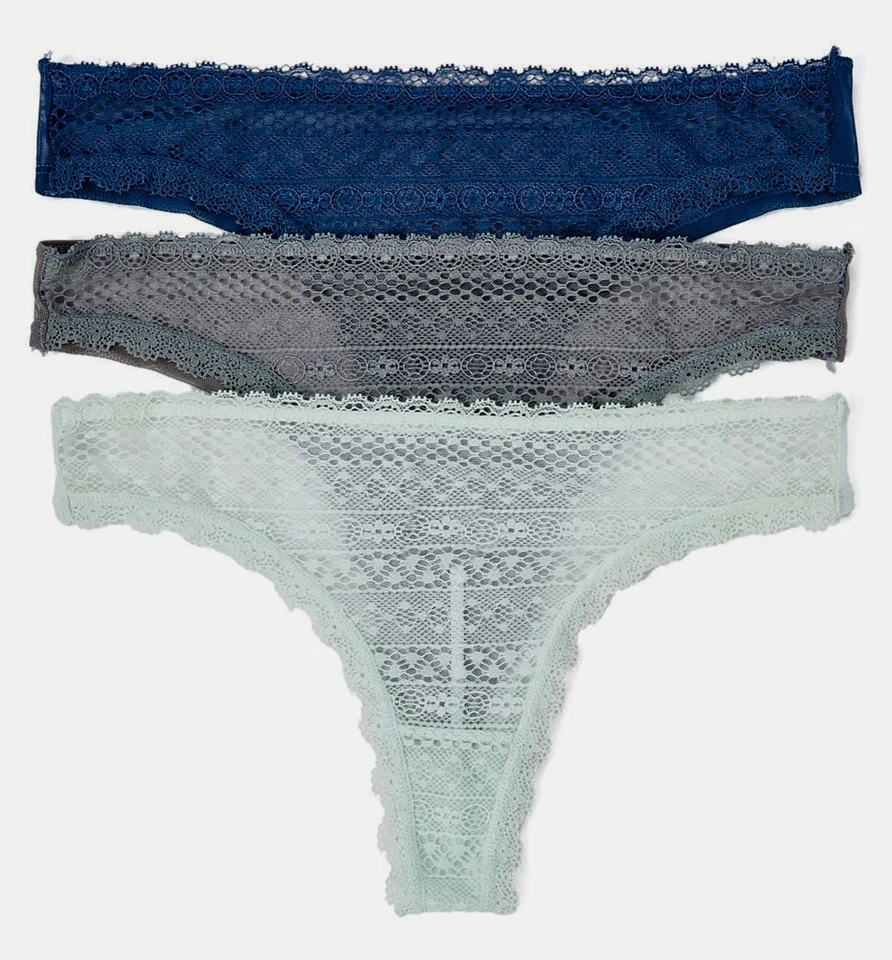 RENE ROFE 3 Pack Lace Trim Mint Green Blue Grey Mesh Thong Panty Womens M 6 L 7 - Image 1 of 4