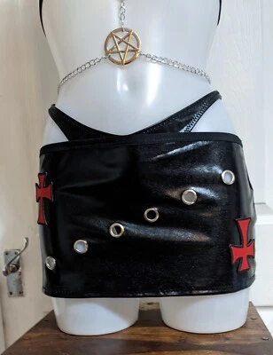 gothic punk emo black wet look hipster skirt and thong inverted crucifixes  - Image 1 of 4
