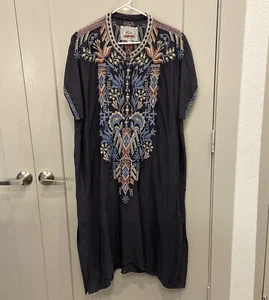 Johnny Was Biya X-Small Blue Ultra Soft Embroidered Henley Rayon Midi Dress Boho - Picture 1 of 12