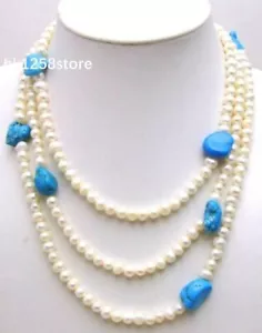Long 55'' White Akoya Pearl Necklace For Women Blue Stone Turquoise 14k Gold P - Picture 1 of 5