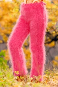 Pantalone mohair rosa fuzzy pantalone spesso lavorato a mano rosa scaldamuscoli SUPERTANYA - Foto 1 di 7