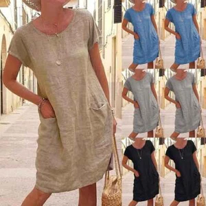 Womens Summer Cotton Linen Midi Dress Ladies Casual Loose Pocket Dresses Size US - Picture 1 of 18