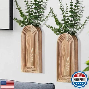 Dnnnii 2 Pack Wooden Wall Vase Set - Brown Finish Modern Farmhouse and Boho W - Picture 1 of 5