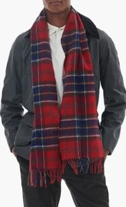 BARBOUR MENS TARTAN LAMBSWOOL AND CASHMERE FRINGED SCARF RED MULTI NWT - Picture 1 of 14