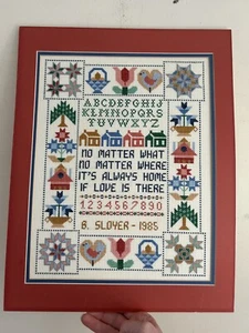 Vintage Cross Stitch Folk Country Sampler Finished Matted Home Love 18" x 14" - Picture 1 of 4