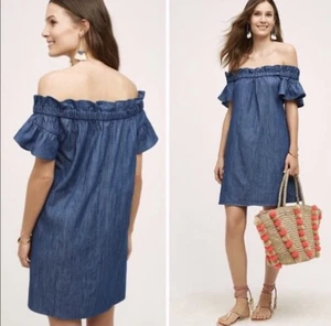 Anthropologie Corey Lynn Calter Chambray Off Shoulder Ruffle Dress Size M $158 - Picture 1 of 7