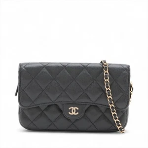 Chanel Matelasse Caviar Skin Chain Wallet Black Gold Metal Fittings random seria - Picture 1 of 15