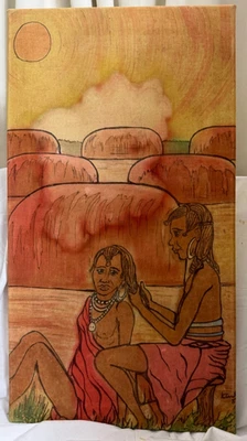 Batik Art Picture Painting on Fabric of African Ladies by Kimtu 1983 - Stretched - Image 1 of 4