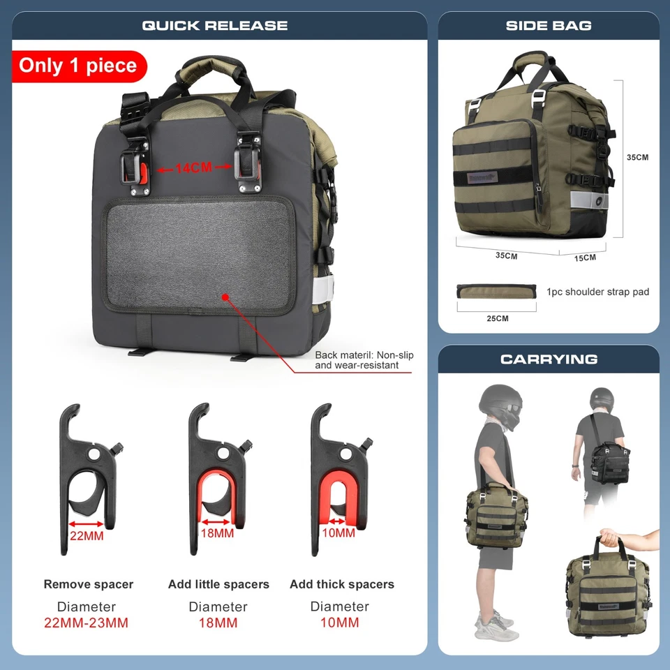 Bolsa lateral Rhinowalk para motocicleta impermeable liberación rápida 20L 1 pieza bolsa de equipaje Foto 1 de 4